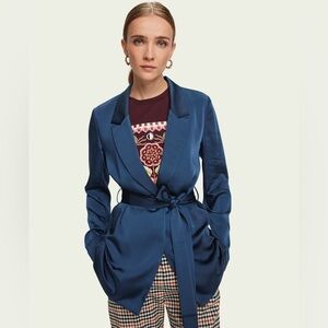 Scotch & Soda Blue Satin-Feel Belted Drapey Blazer
